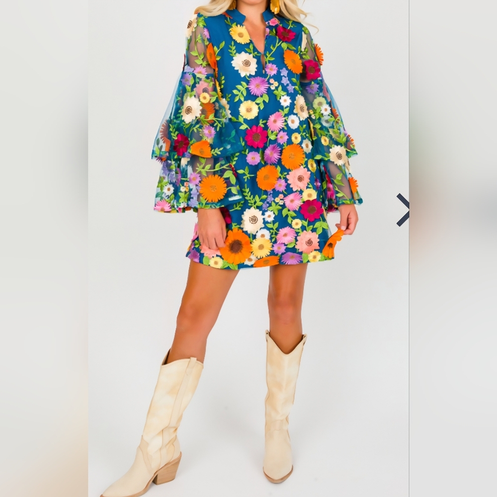 BuddyLove Dress 3D Colorful Flowers Embroidered Blue Size XS NWT #A1087